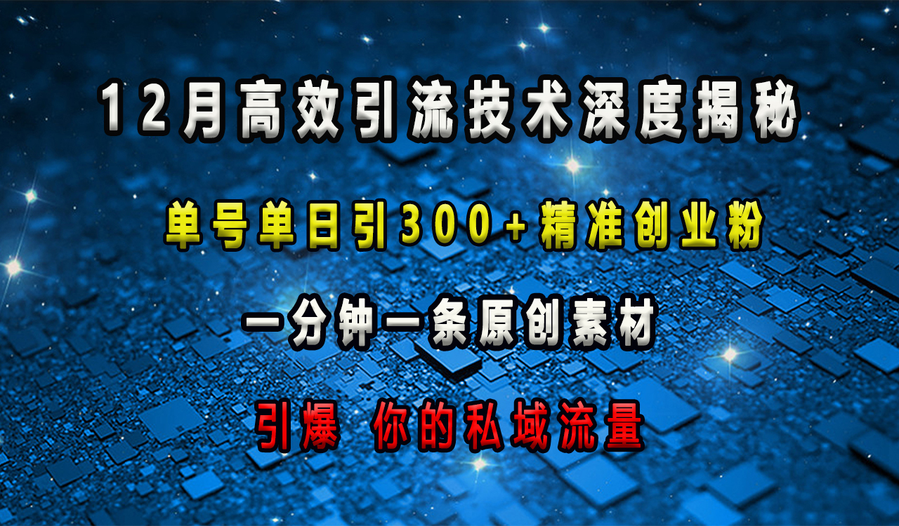 12月高效引流技术深度揭秘 ，单号单日引300+精准创业粉，一分钟一条原创素材，引爆你的私域流量-轻创网